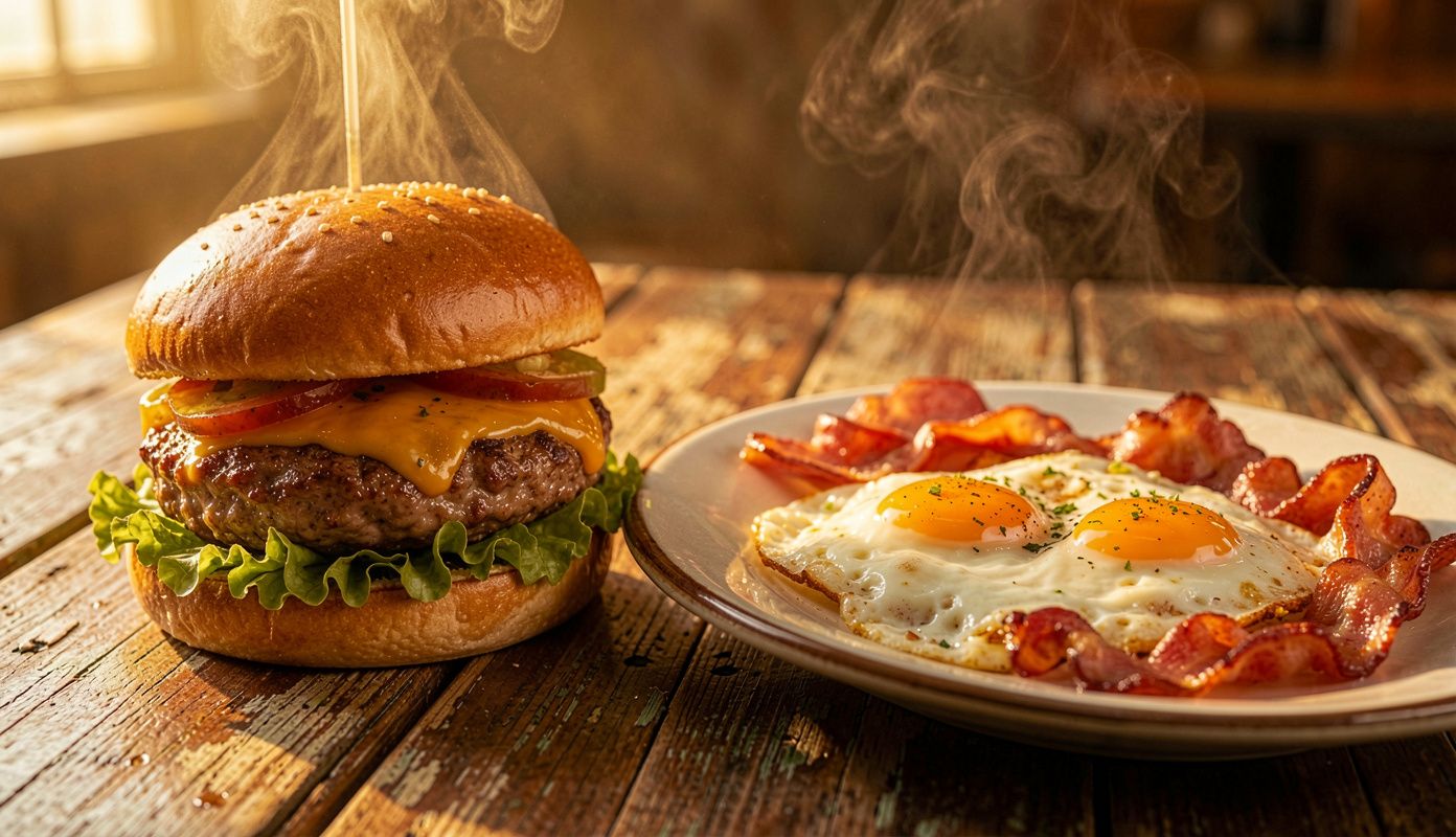 Burger and breakfast plate on rustic wood