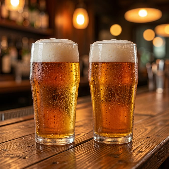Cold beer pints on bar top